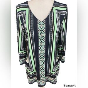 JM Collection Tunic Top Size Medium 3/4 Sleeve Green/blue Studded Front